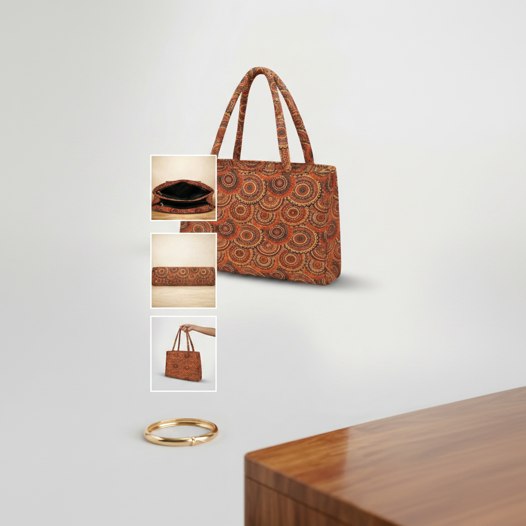 Brown patterned handbag with close-up insets on a light gray background