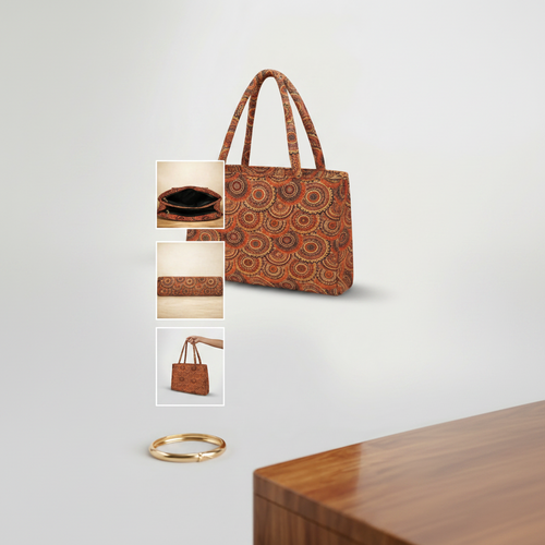 Brown patterned handbag with close-up insets on a light gray background